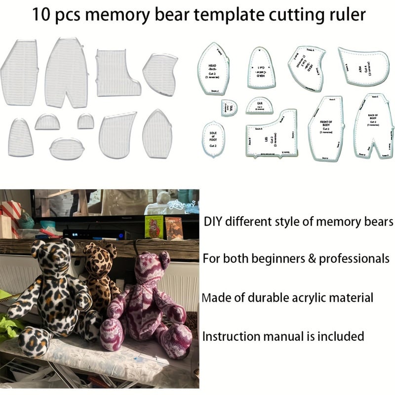 YICBOR Memory Bear Sewing Templates Set, 10Pcs Durable Acrylic Teddy Bear Sewing Patterns & Templates with Detailed Instructions for Sewing (Medium) - Image 5