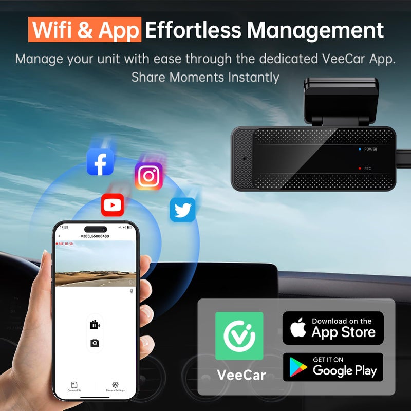 Veement Dash Cam 1296P Front Dashcam, V300 WiFi Dash Camera for Cars with App, Night Vision, Mini Hidden Single Car Camera, Loop Recording, 24H Parking Mode, Support 256GB Max, Black - Image 4