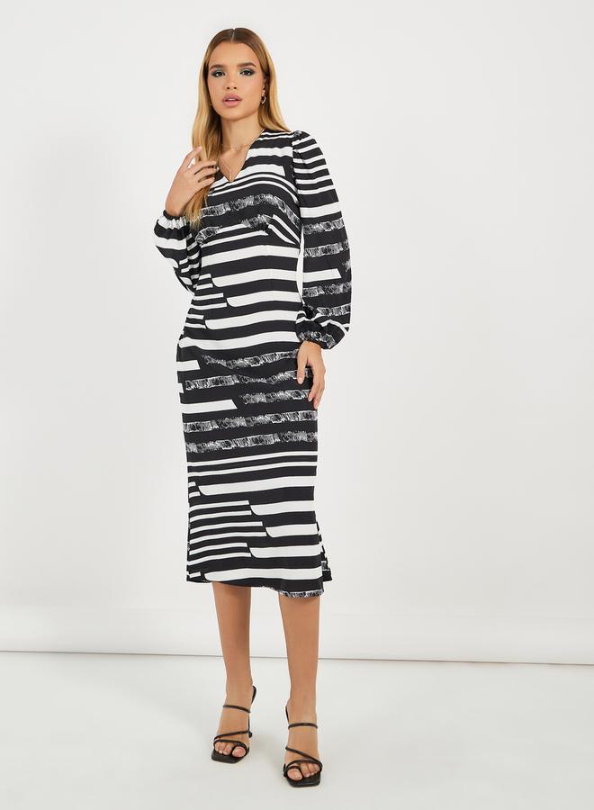 ستايلي فستان ميدي مخطط بأكمام بالون - Image 4