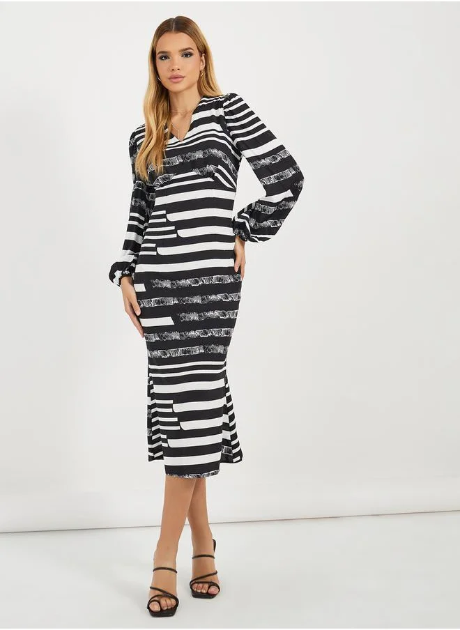 Styli Striped Balloon Sleeves V Neck Midi Dress