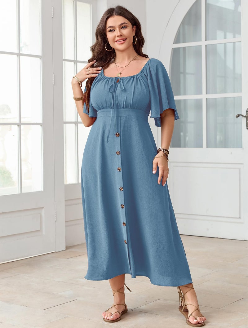 SHESTARR Plus Size Summer Dress Short Sleeve Square Neck Tie Front Smocked Button Down Flowy A-line Boho Maxi Long Dresses Blue - Image 4