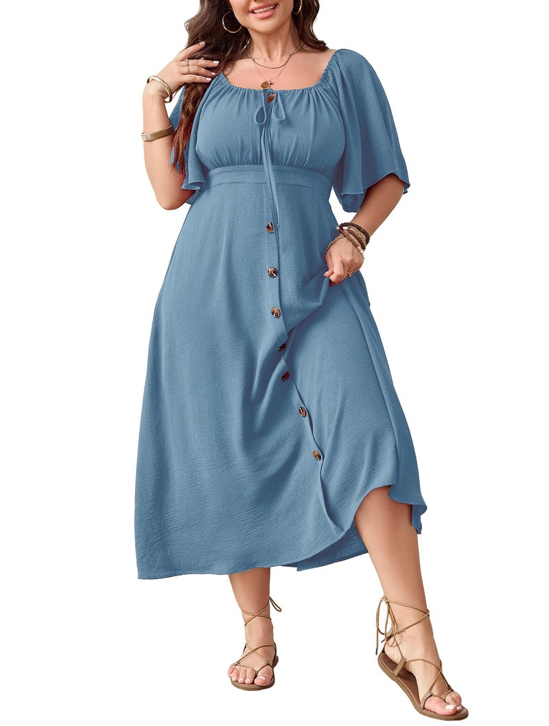 SHESTARR Plus Size Summer Dress Short Sleeve Square Neck Tie Front Smocked Button Down Flowy A-line Boho Maxi Long Dresses Blue - Image 1