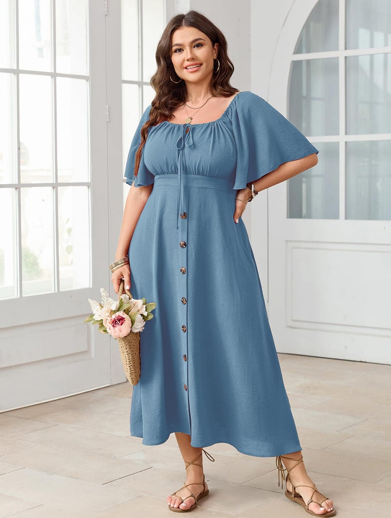 SHESTARR Plus Size Summer Dress Short Sleeve Square Neck Tie Front Smocked Button Down Flowy A-line Boho Maxi Long Dresses Blue - Image 5