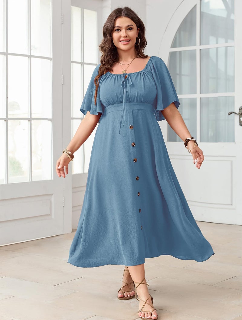 SHESTARR Plus Size Summer Dress Short Sleeve Square Neck Tie Front Smocked Button Down Flowy A-line Boho Maxi Long Dresses Blue - Image 3