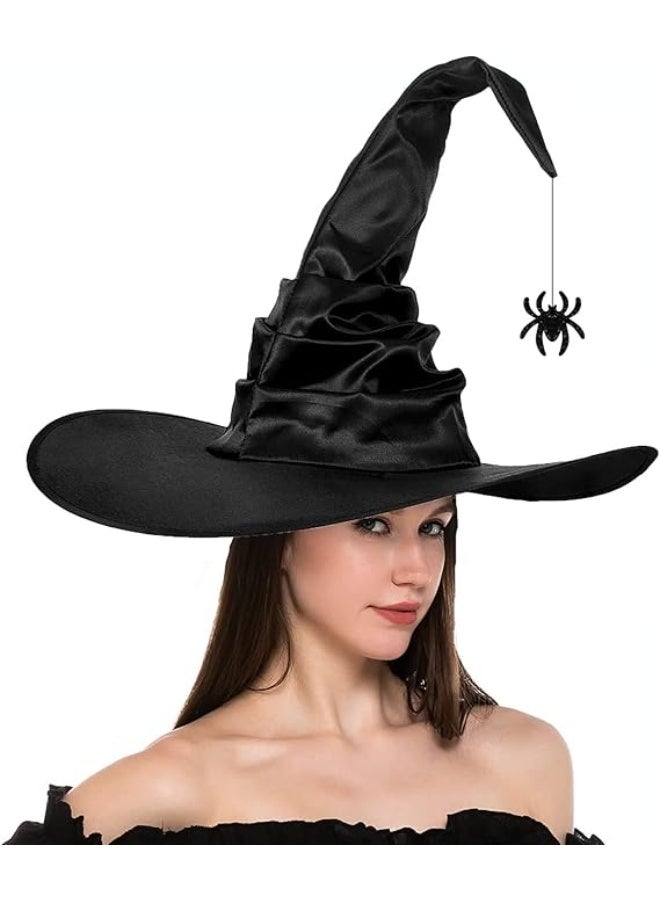جورونب قبعة ساحرة للهالوين للنساء، قبعة ساحر سوداء مطوية، قلادة على شكل عنكبوت وخفاش، قبعة علوية للحفلات التنكرية. - Image 1