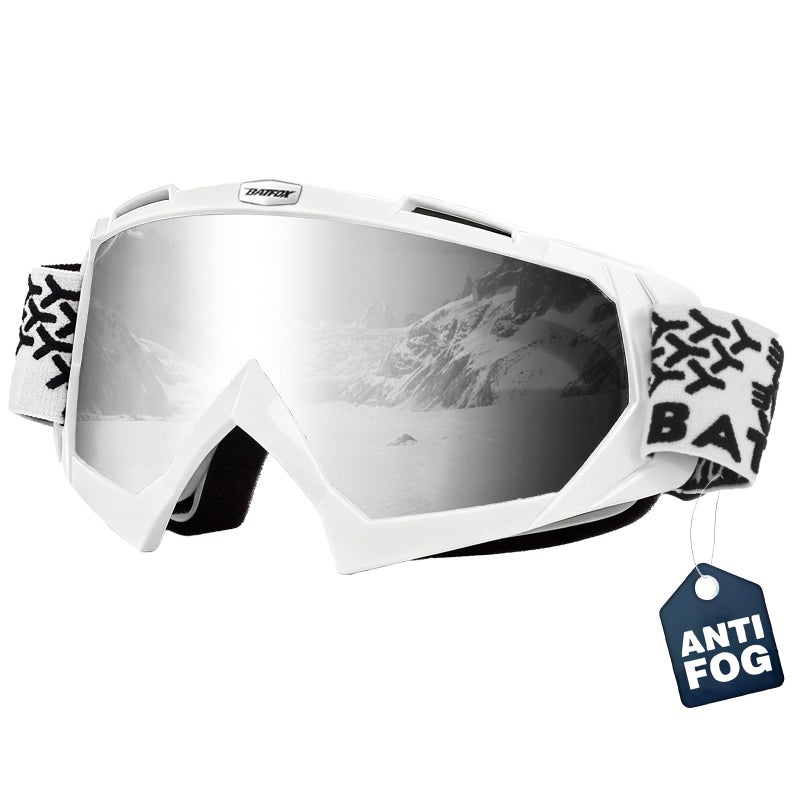 BATFOX Anti Fog Ski Goggles OTG for Adults & Kids, Snowboard Goggles with 100% UV Protection & Anti-Slip Fit for Skiing (Sliver White, Large) - Image 1