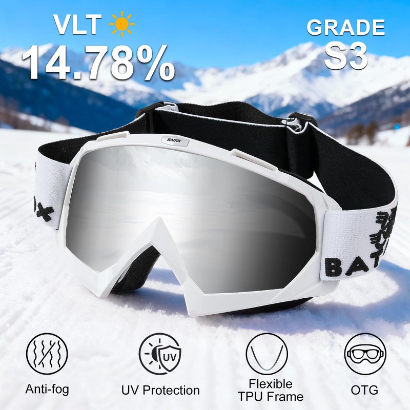 BATFOX Anti Fog Ski Goggles OTG for Adults & Kids, Snowboard Goggles with 100% UV Protection & Anti-Slip Fit for Skiing (Sliver White, Large) - Image 3
