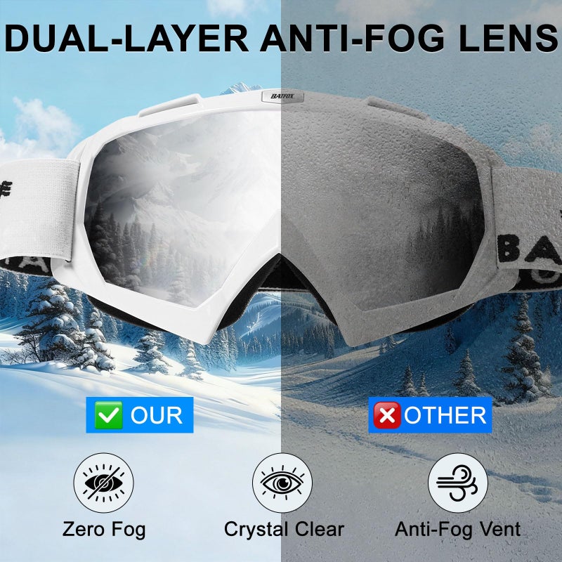 BATFOX Anti Fog Ski Goggles OTG for Adults & Kids, Snowboard Goggles with 100% UV Protection & Anti-Slip Fit for Skiing (Sliver White, Large) - Image 2