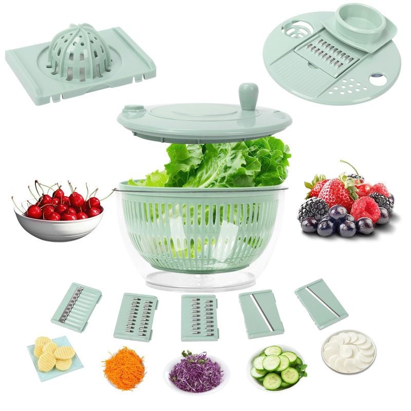 Vegetable Spinner 5.3 Qt Large Capacity 10 in 1 Multifunction Salad Dryer - 5 Blades Vegetable Chopper With Transparent Bowl for Family Meal Prep - Image 1