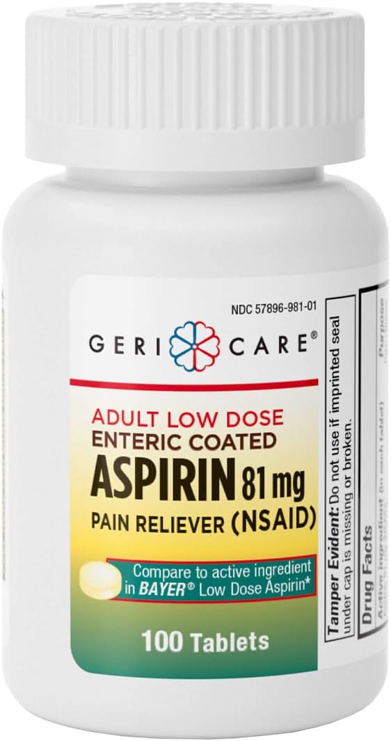 GeriCare Low Dose Enteric Coated Aspirin 81mg Pain Reliever, 100 Count (Pack of 1)