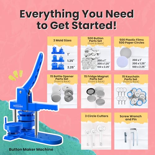 nice2have Button Maker Machine 1+1.25+2.5 Inch Pin Maker Kit - Multiple Size Molds, 500 Buttons, 15 Fridge Magnets, 15 Bottle Openers, 15 Keychains, Cutters, and 500+ Button Designs for DIY Crafts - Image 3