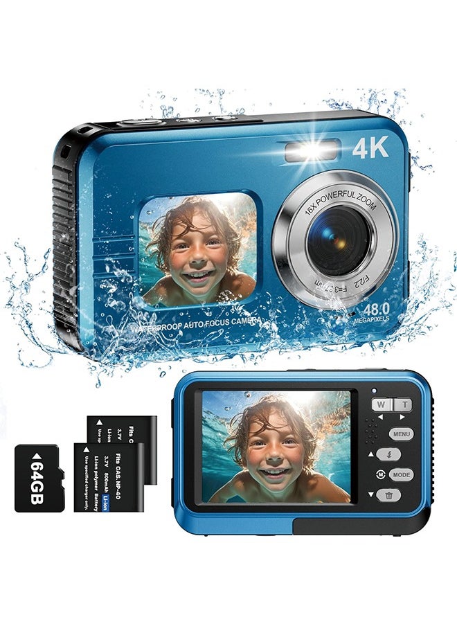 Generic Underwater Camera, 4K Waterproof Camera with 64GB Card 48MP Autofocus Selfie Dual Screens 11FT Underwater Camera for Snorkeling Waterproof Compact Portable Digital Camera, 2 Batteries  - Image 1