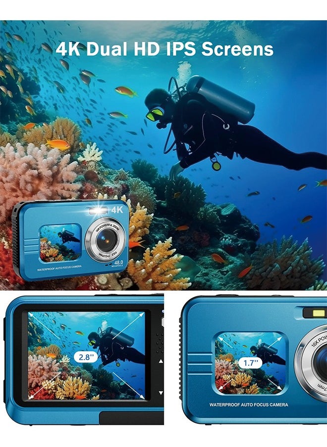 Generic Underwater Camera, 4K Waterproof Camera with 64GB Card 48MP Autofocus Selfie Dual Screens 11FT Underwater Camera for Snorkeling Waterproof Compact Portable Digital Camera, 2 Batteries  - Image 2