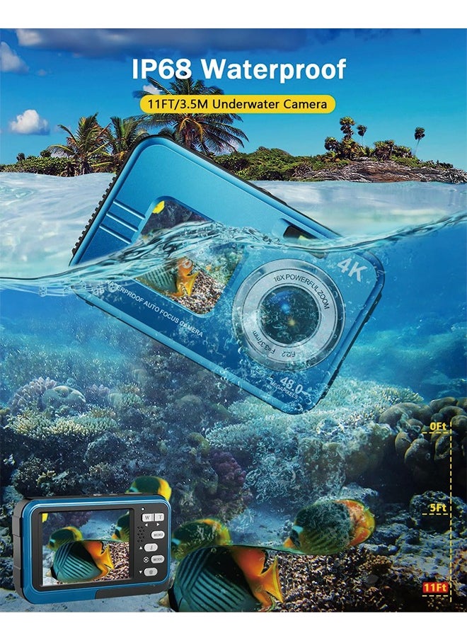 Generic Underwater Camera, 4K Waterproof Camera with 64GB Card 48MP Autofocus Selfie Dual Screens 11FT Underwater Camera for Snorkeling Waterproof Compact Portable Digital Camera, 2 Batteries  - Image 3