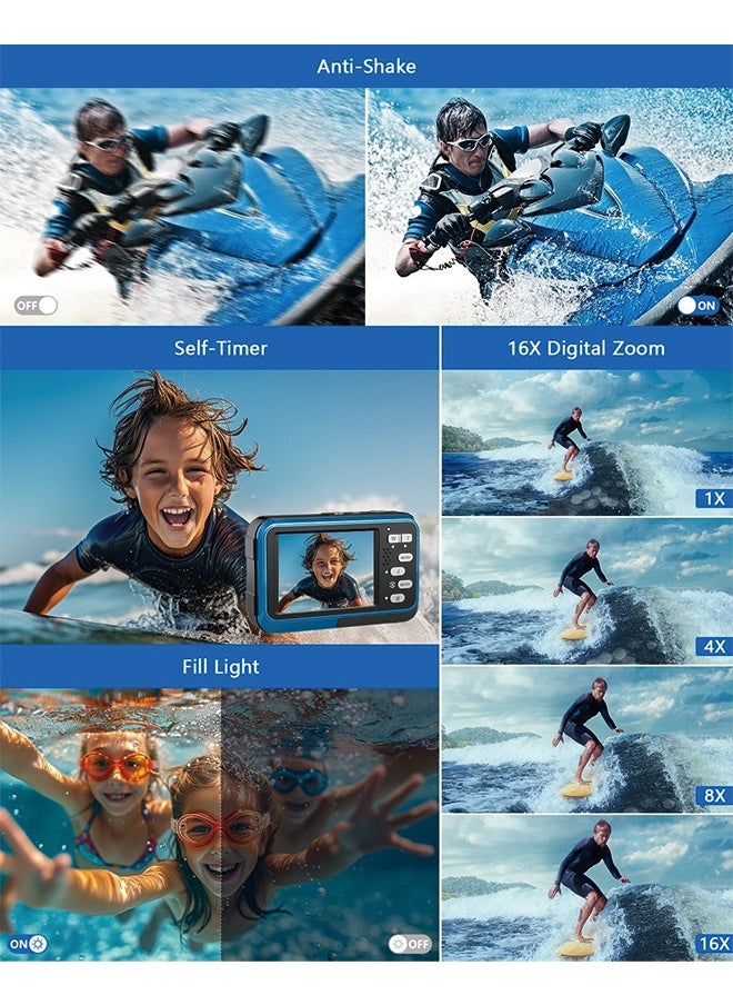 Generic Underwater Camera, 4K Waterproof Camera with 64GB Card 48MP Autofocus Selfie Dual Screens 11FT Underwater Camera for Snorkeling Waterproof Compact Portable Digital Camera, 2 Batteries  - Image 5