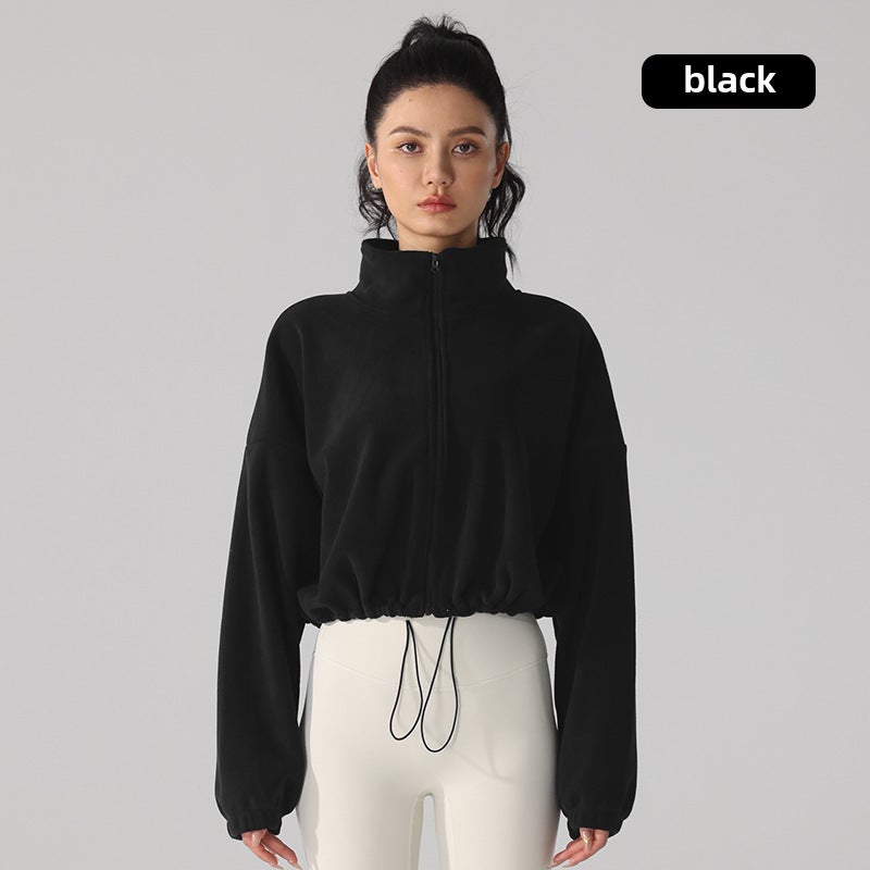 Generic Warm Fleece Yoga Jacket Loose Collar Velvet Top Black 