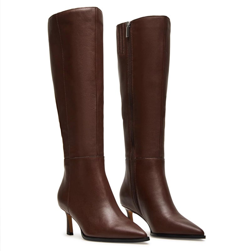 MICIFA Brown Knee High Boots Leather Tall Boots for Women Stiletto Kitten Heeled Boot Pointed Toe Side Zipper Dress Boot Chocolate - Image 1