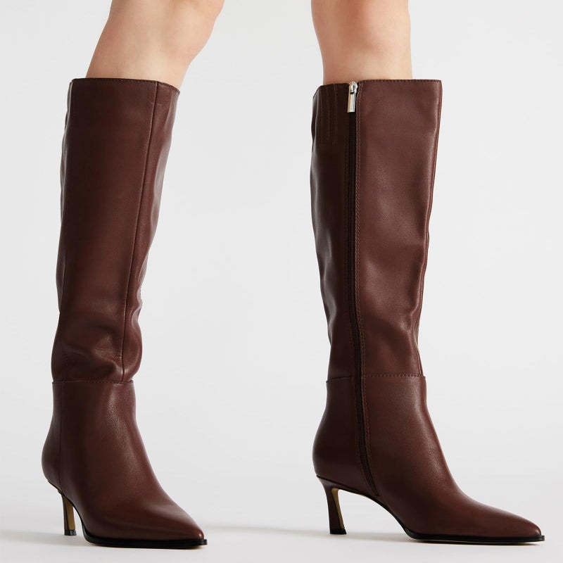 MICIFA Brown Knee High Boots Leather Tall Boots for Women Stiletto Kitten Heeled Boot Pointed Toe Side Zipper Dress Boot Chocolate - Image 2