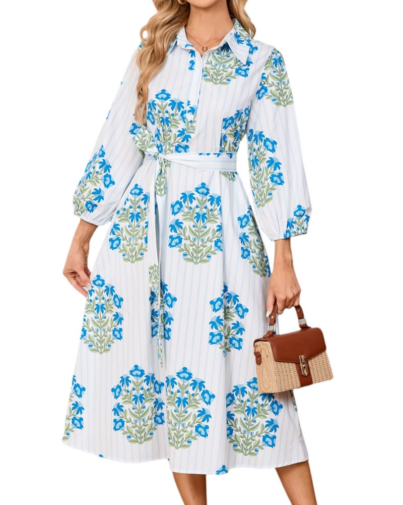YEXPINE Womens Spring 2026 Casual Floral 3/4 Puff Sleeve Midi Shirt Dresses Button Down Belted Dress with Pockets Blue - Image 1