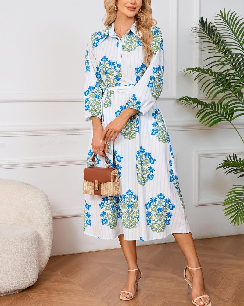 YEXPINE Womens Spring 2026 Casual Floral 3/4 Puff Sleeve Midi Shirt Dresses Button Down Belted Dress with Pockets Blue - Image 2
