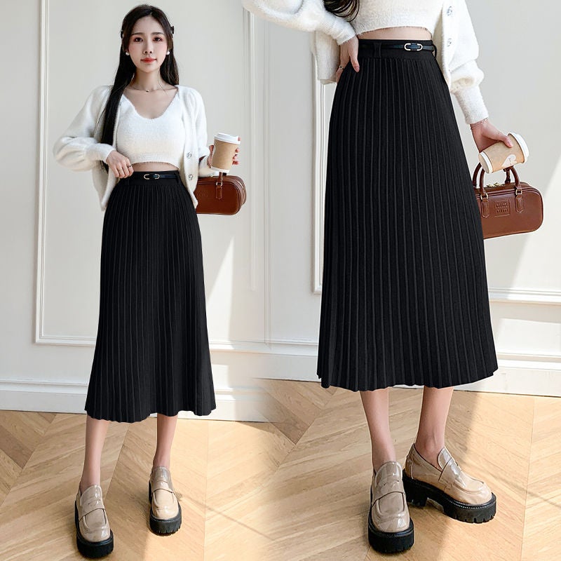 Xiao Xiang Style Knitted Skirt High Waist Belt Hip Covering Slimming Draped Skirt Over Knee Mid-Length Hip Skirt - Image 1
