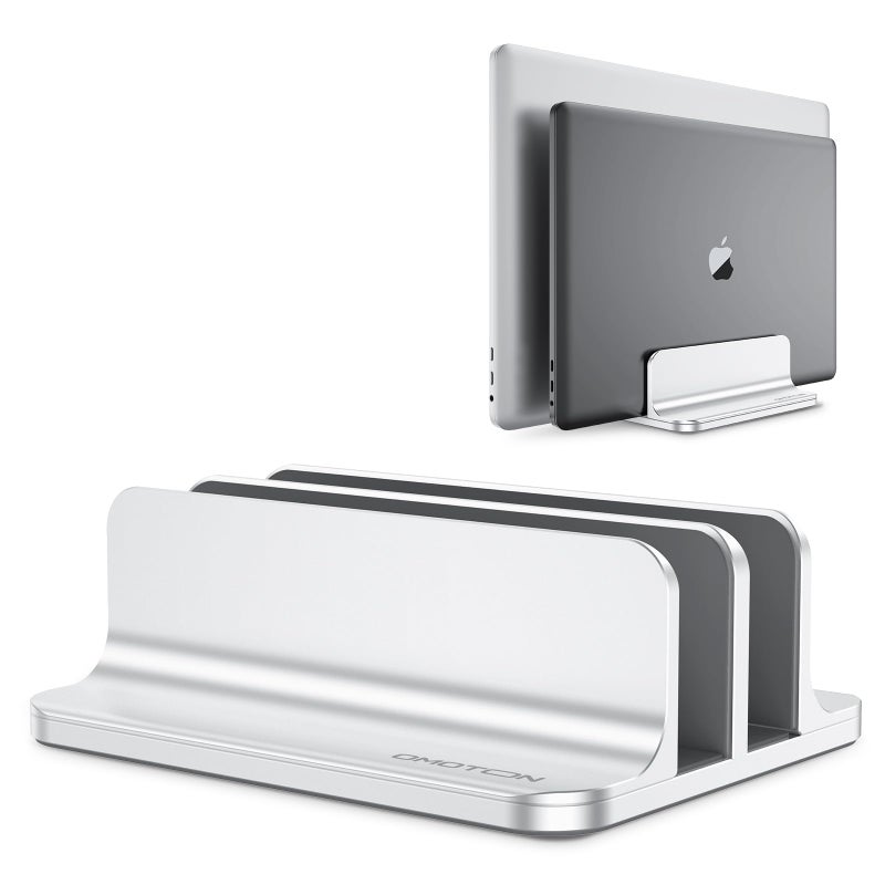 OMOTON [Updated Dock Version Vertical Laptop Stand, Double Desktop Stand Holder with Adjustable Dock (Up to 17.3 inch), Fits All MacBook/Surface/Samsung/HP/Dell/Chrome Book (Silver) - Image 1