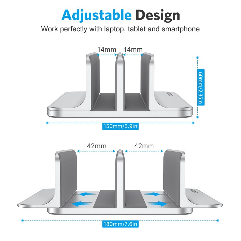 OMOTON [Updated Dock Version Vertical Laptop Stand, Double Desktop Stand Holder with Adjustable Dock (Up to 17.3 inch), Fits All MacBook/Surface/Samsung/HP/Dell/Chrome Book (Silver) - Image 4