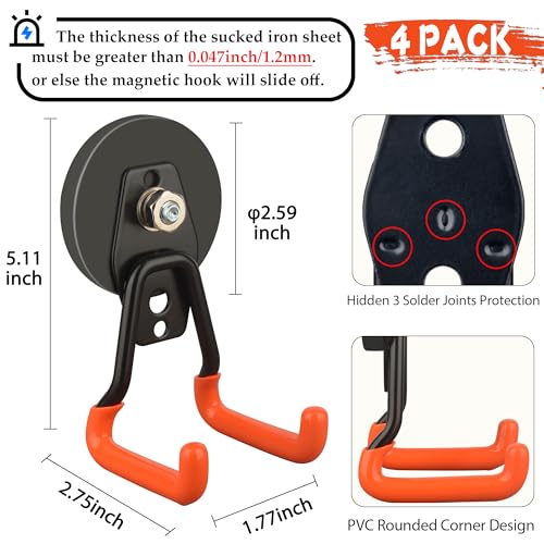ULIBERMAGNET New Upgraded Heavy Duty Magnetic Garage Hooks,4 Pack Strong Large Magnet Hooks for Power Drill,Garden Tools,Hose,Pegboard,Garage, Workshop,Magnetic Storage Hook for Hanging(Orange) - Image 3
