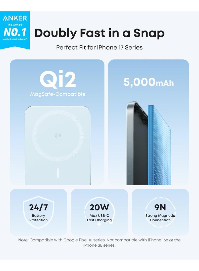Anker Nano Power Bank, Ultra-Slim 5,000mAh Magnetic Battery Pack, Qi2 Certified 15W Max Ultra-Fast MagSafe-Compatible Portable Charger, PD20W,Ergonomic Design, For iPhone 17/16/15/14/13/12 Only (Blue) blue - Image 2