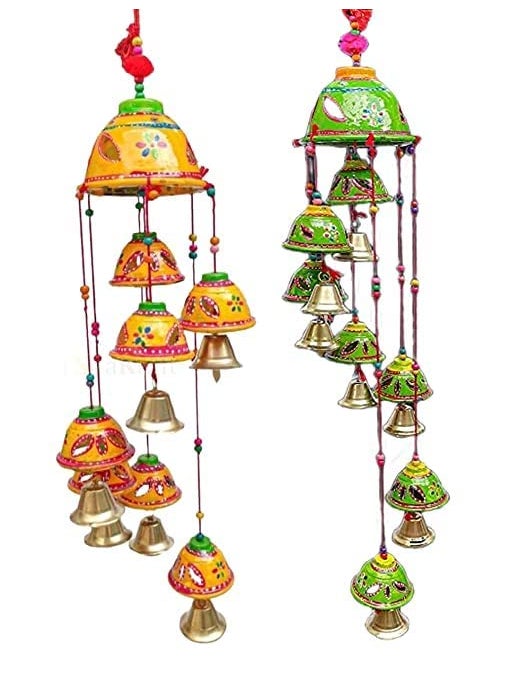 ADITYA IMPEX ADITYA IMPEX Handicraft rajasthane Colored Bells Desing Decorative showpice Wind Chimes for Home Balcony Garden Positive Energy Home Decor Hanging Long Bells 7 BellsSet of 2 Piece Mustrad Green  - Image 1