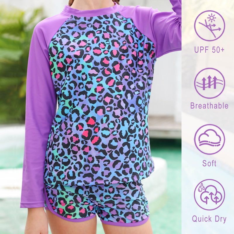 TUONROAD Girls Swimsuit Two Piece Tankini UPF 50+ UV Protective Rash Guard Set Purple Leopard Printed Swimsuit Set Long Sleeve Bikini Bathing Suit Beach Swimwear for 4 5 Years Old Girls - Image 5