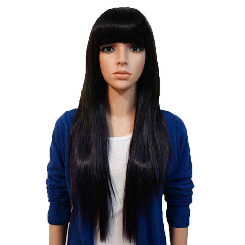 OMORFIEER Womens 70cm Long Straight Wig With Bangs Cosplay Wig Black
