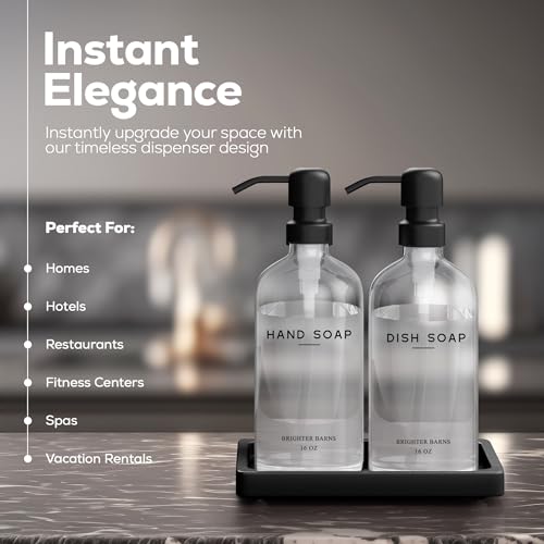 Brighter Barns Glass Hand and Dish Soap Dispenser Set by Brighter Barns Kitchen Soap Dispenser Set with Tray Stainless Steel Pump Glass Bottles for Sink Black Kitchen Accessories for Home Hotel Gift Clear - Image 3
