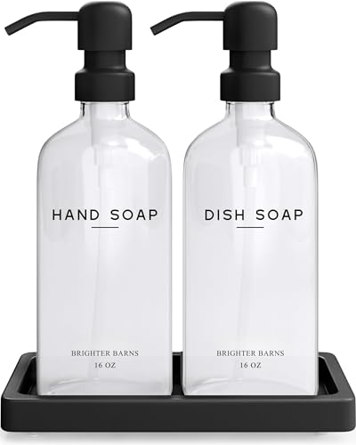 Brighter Barns Glass Hand and Dish Soap Dispenser Set by Brighter Barns Kitchen Soap Dispenser Set with Tray Stainless Steel Pump Glass Bottles for Sink Black Kitchen Accessories for Home Hotel Gift Clear - Image 1