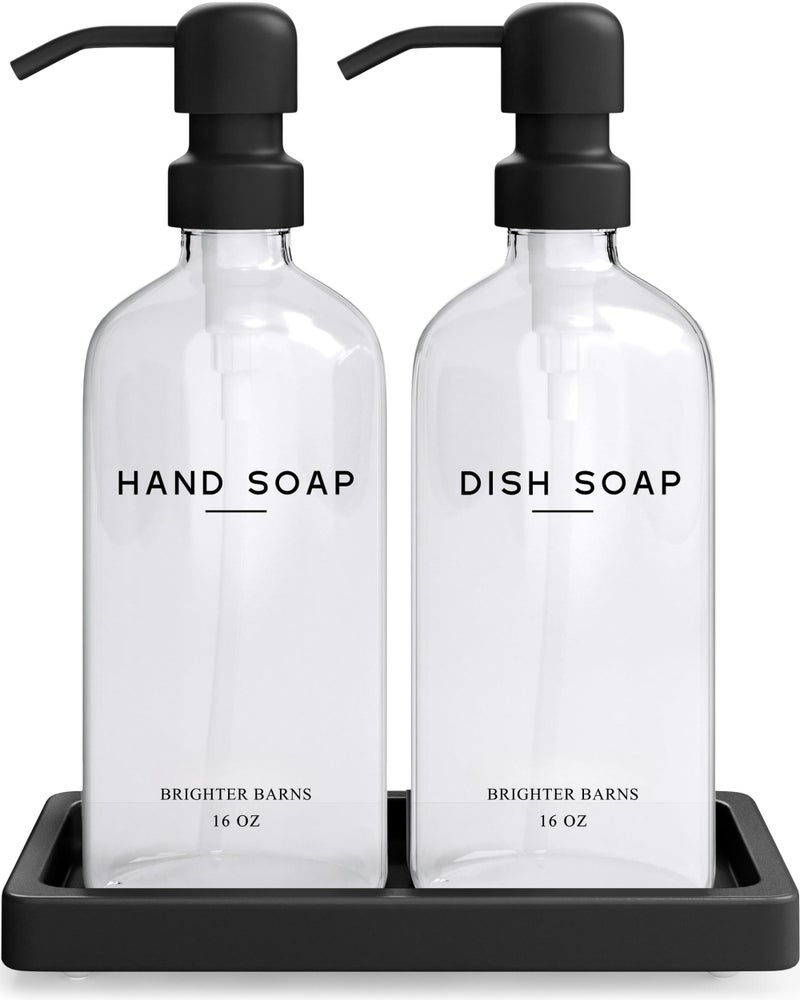 Brighter Barns Glass Hand and Dish Soap Dispenser Set by Brighter Barns Kitchen Soap Dispenser Set with Tray Stainless Steel Pump Glass Bottles for Sink Black Kitchen Accessories for Home Hotel Gift Clear - Image 2