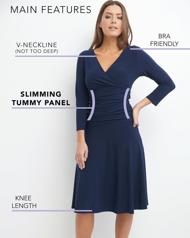 Rekucci Women's Slimming 3/4 Sleeve Fit-and-Flare Crossover Tummy Control Dress (14, Navy) - Image 5