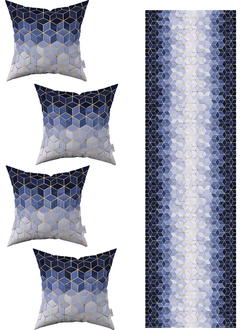 Cango Home Blue Gold Mosaic Patterned 4-Piece Throw Pillow Case 1 Runner Set 4KMBS175-RS
