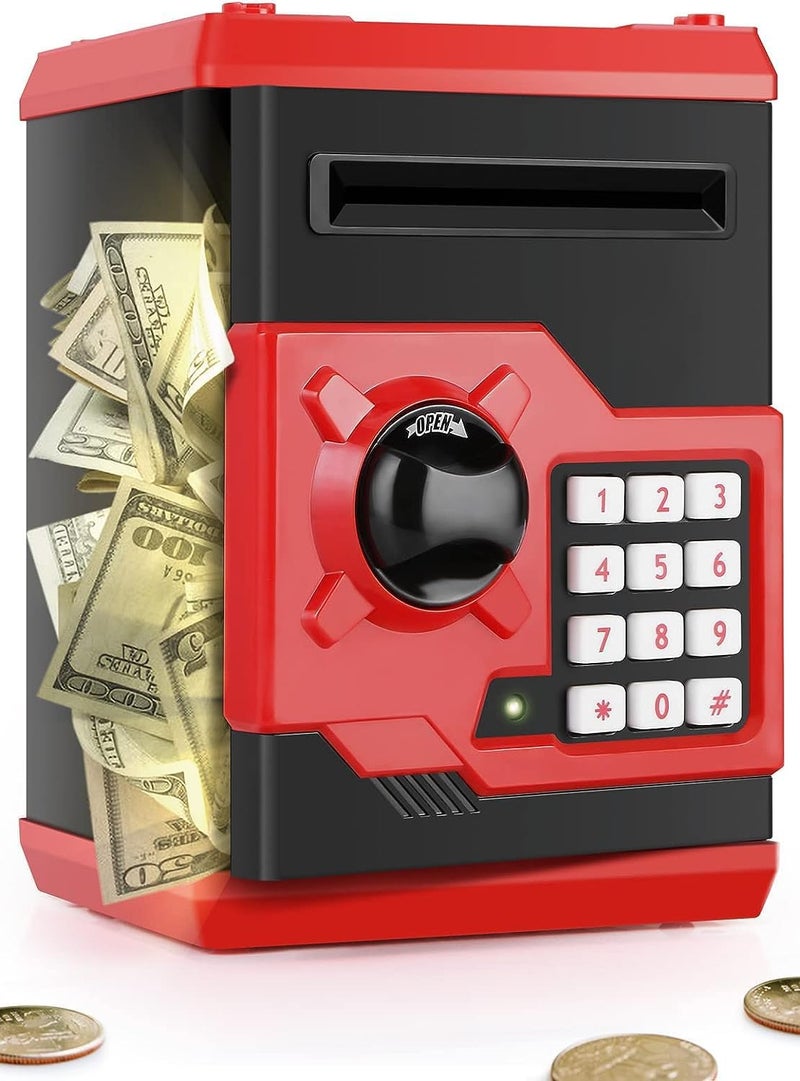 PLAYSHEEK Piggy Bank for Girls Boys Large Electronic Money Coin Banks with Password Protection Automatic Paper Money Scroll Saving Box Great Gift for Kids BlackRed - Image 3