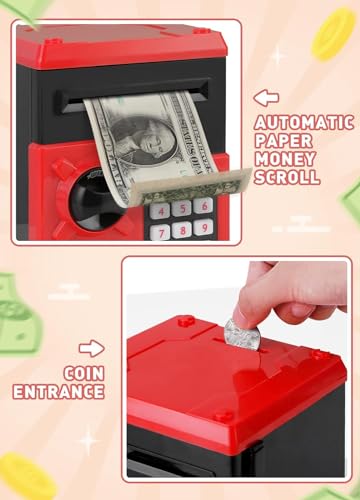 PLAYSHEEK Piggy Bank for Girls Boys Large Electronic Money Coin Banks with Password Protection Automatic Paper Money Scroll Saving Box Great Gift for Kids BlackRed - Image 5