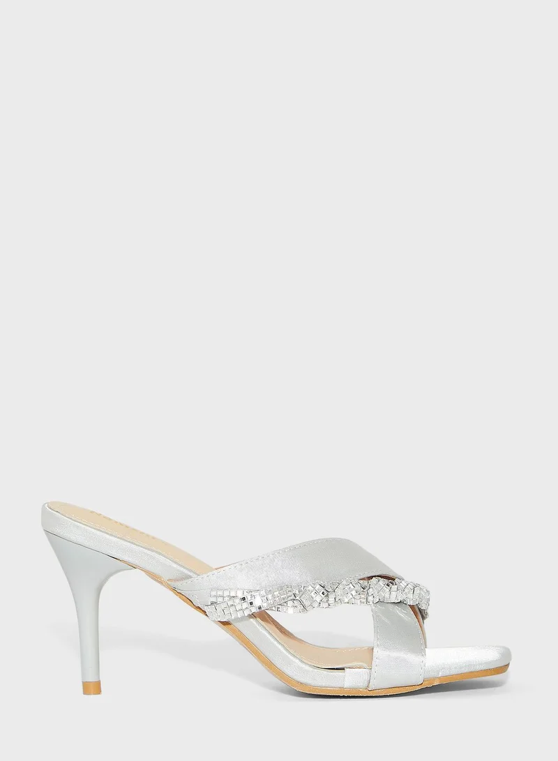 Namshi x Jewelled Crossover Strap Mule Sandals Silver