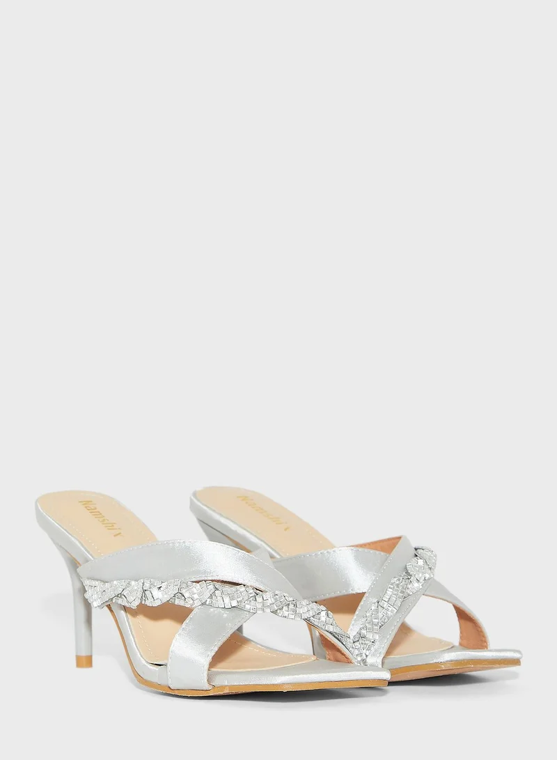 Namshi x Jewelled Crossover Strap Mule Sandals Silver