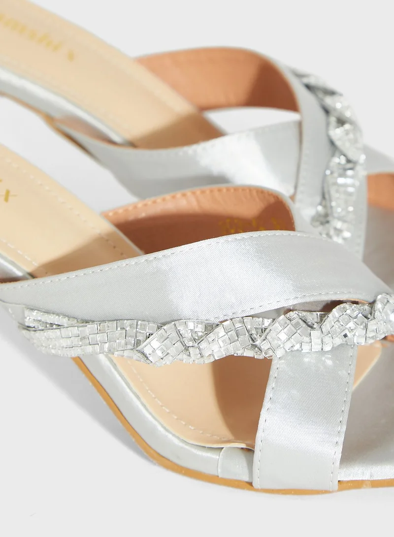 Namshi x Jewelled Crossover Strap Mule Sandals Silver