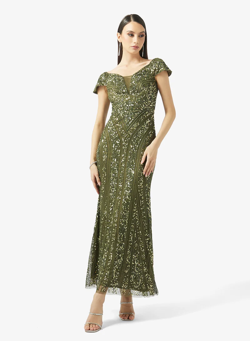 BEAUUT Off Shoulder Sequin Maxi Dress