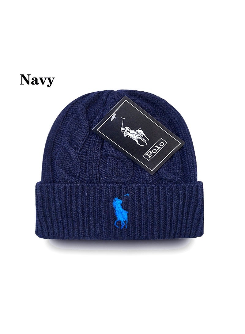 Polo Navy Knitted Beanie, Blue Big Pony Logo Decorated Woolen Hat