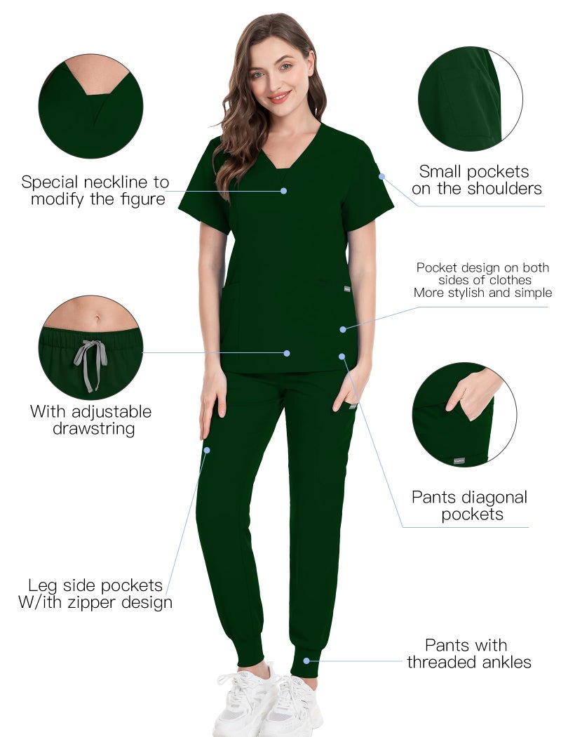 niaahinn Scrub Suit Set for Women Modern Vneck Top Tapered Leg Jogger Pants with Drawstring Medical Nursing Uniforms Set Deep Green S - Image 5