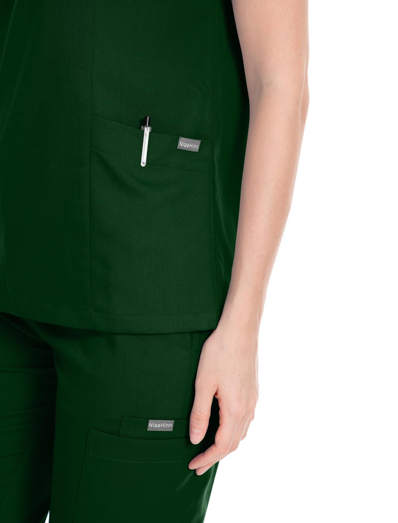 niaahinn Scrub Suit Set for Women Modern Vneck Top Tapered Leg Jogger Pants with Drawstring Medical Nursing Uniforms Set Deep Green S - Image 4
