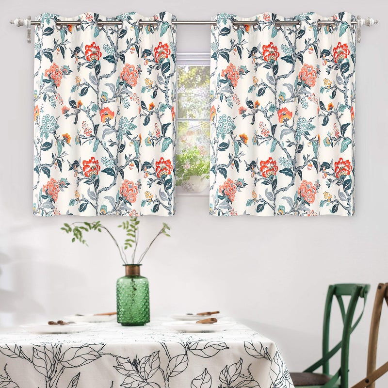 DriftAway Ada Floral Botanical Print Flower Leaf Lined Thermal Insulated Room Darkening Blackout Window Curtains 2 Layers Set of 2 Panels Each 52 Inch by 36 Inch Ivory Orange Teal