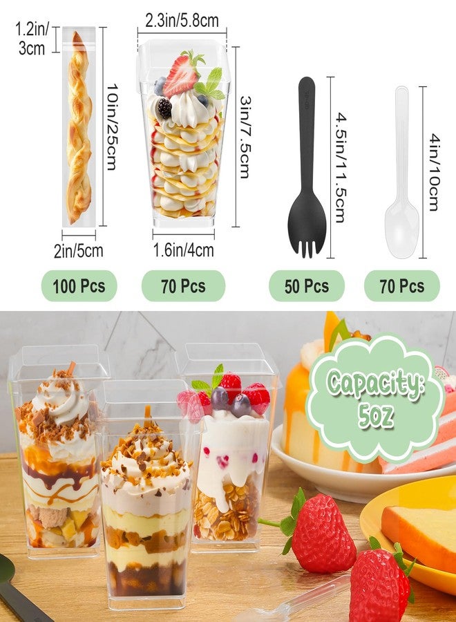 Jollidecor 70 Pack Plastic Dessert Cups with Lids, 5 oz Clear Appetizer Cups with Spoons Square Mini Shooter Dessert Fruits Cups Yogurt Parfait Cups Containers for Pudding, Ice Cream, and Party Supplies - Image 2