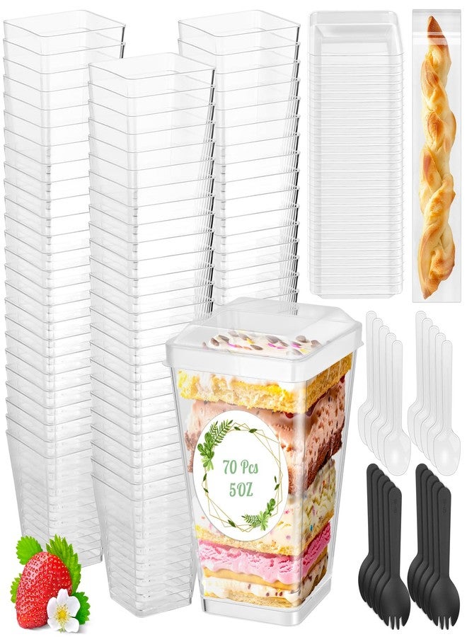 Jollidecor 70 Pack Plastic Dessert Cups with Lids, 5 oz Clear Appetizer Cups with Spoons Square Mini Shooter Dessert Fruits Cups Yogurt Parfait Cups Containers for Pudding, Ice Cream, and Party Supplies - Image 1