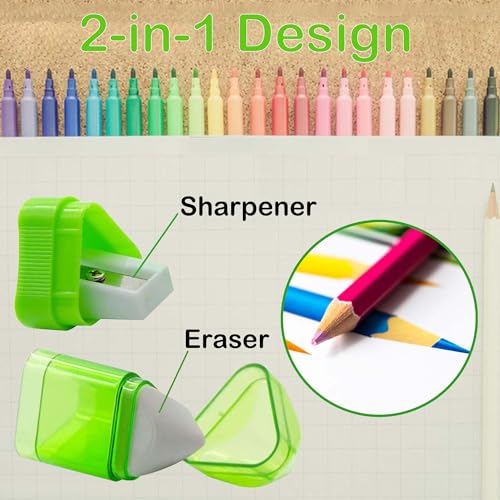 Alpurple 20 PCS Manual Pencil Sharpener with Eraser-2 in 1 Single Hole Triangular Shape Handheld Crayon Sharpener with Receptacle and Eraser for School, Office and Home Supplies - Image 3